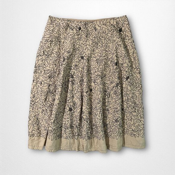 Vintage Carlisle Embroidered Line Art Linen A Line Beige Midi Skirt Size 14 - Picture 9 of 11